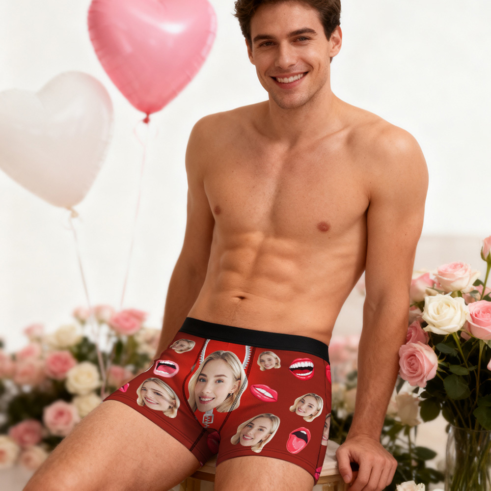 Personalized Face Boxer Briefs, Custom Photo Underwear, Heart Lover Men's Boxer, Anniversary Gift for Him, Valentine's Day Gift