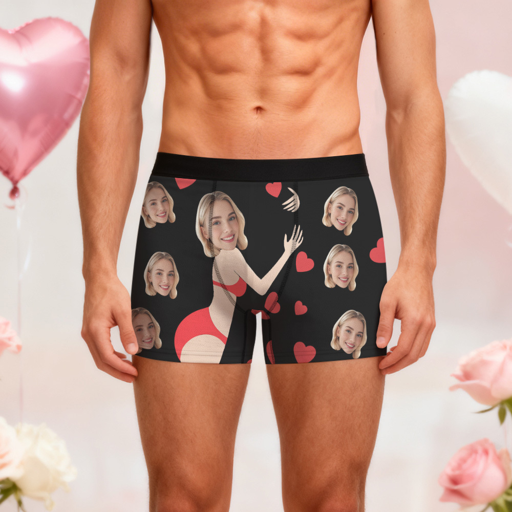Personalized Face Boxer Briefs, Custom Photo Underwear, Heart Lover Men's Boxer, Anniversary Gift for Him, Valentine's Day Gift