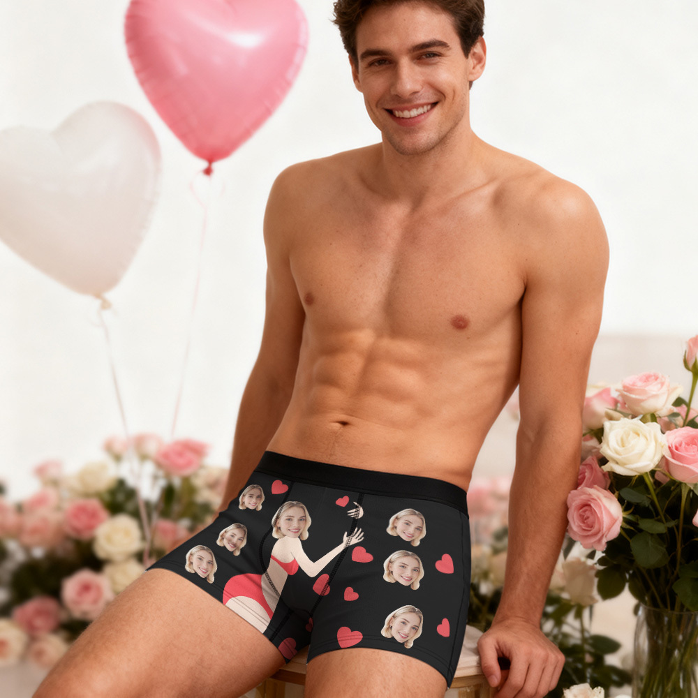 Personalized Face Boxer Briefs, Custom Photo Underwear, Heart Lover Men's Boxer, Anniversary Gift for Him, Valentine's Day Gift