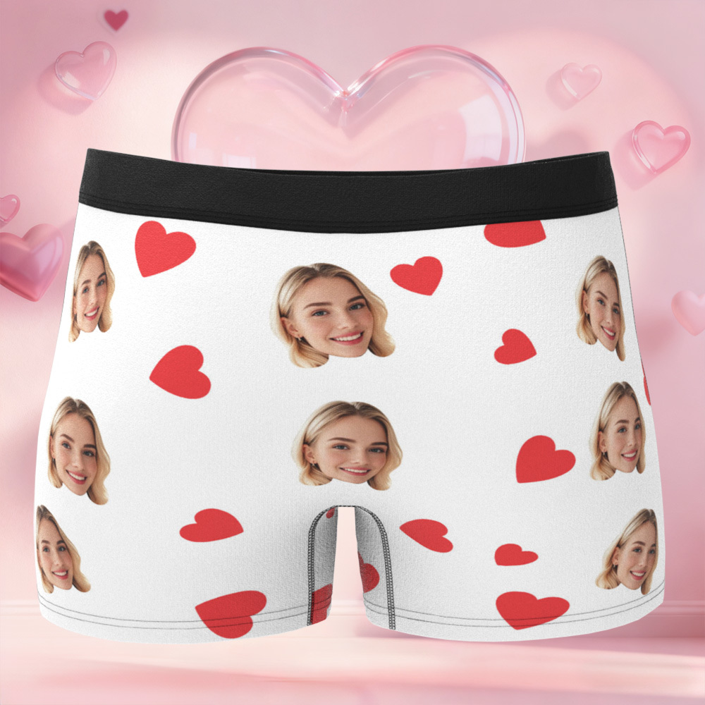 Personalized Face Boxer Briefs, Custom Photo Underwear, Heart Lover Men's Boxer, Anniversary Gift for Him, Valentine's Day Gift