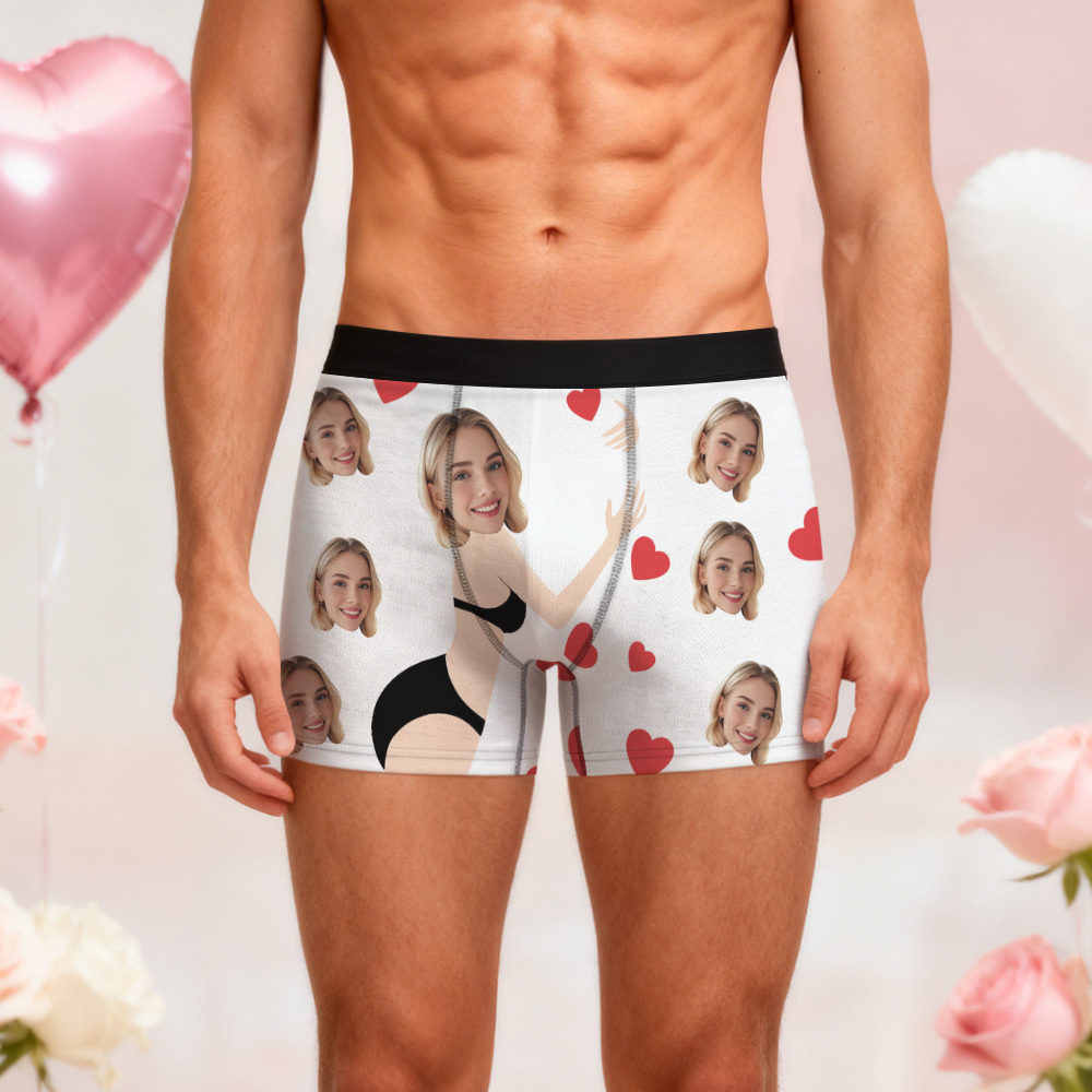 Personalized Face Boxer Briefs, Custom Photo Underwear, Heart Lover Men's Boxer, Anniversary Gift for Him, Valentine's Day Gift