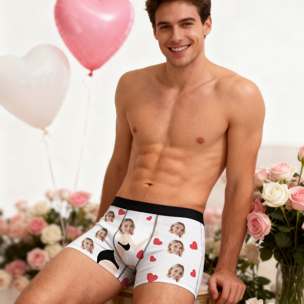 Personalized Face Boxer Briefs, Custom Photo Underwear, Heart Lover Men's Boxer, Anniversary Gift for Him, Valentine's Day Gift