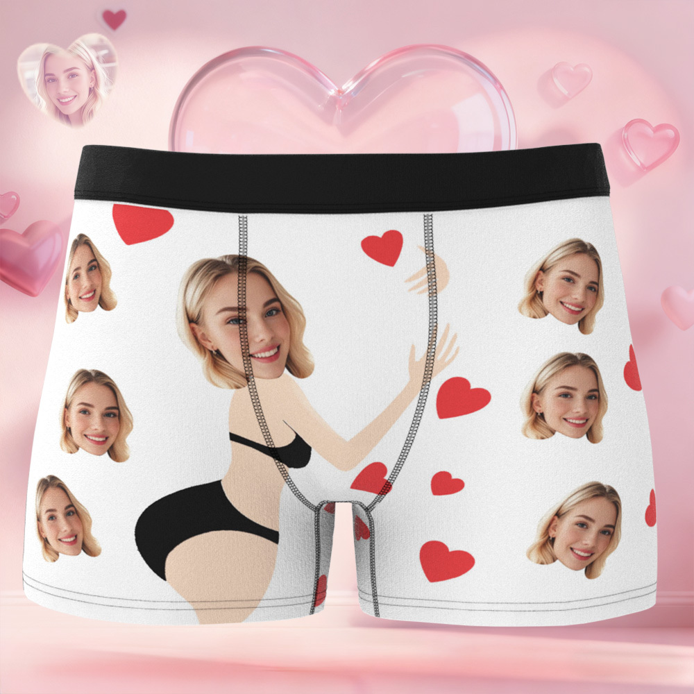 Personalized Face Boxer Briefs, Custom Photo Underwear, Heart Lover Men's Boxer, Anniversary Gift for Him, Valentine's Day Gift