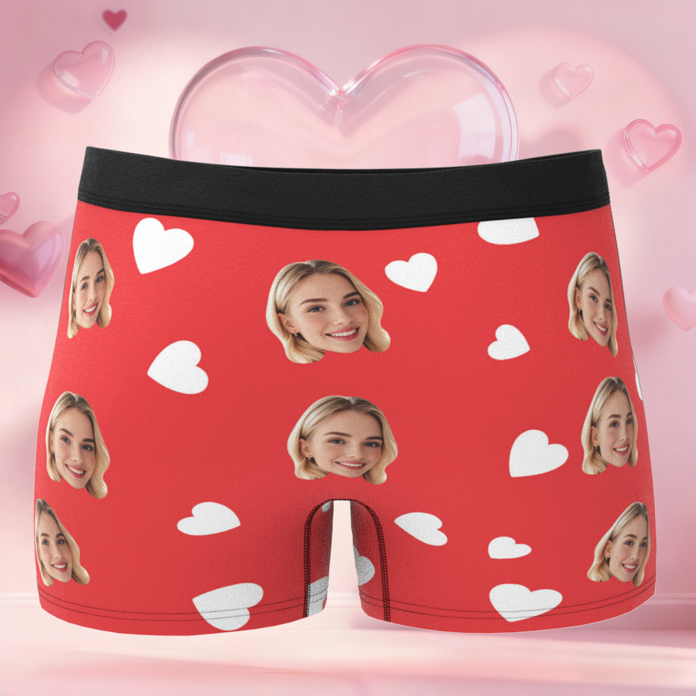 Personalized Face Boxer Briefs, Custom Photo Underwear, Heart Lover Men's Boxer, Anniversary Gift for Him, Valentine's Day Gift