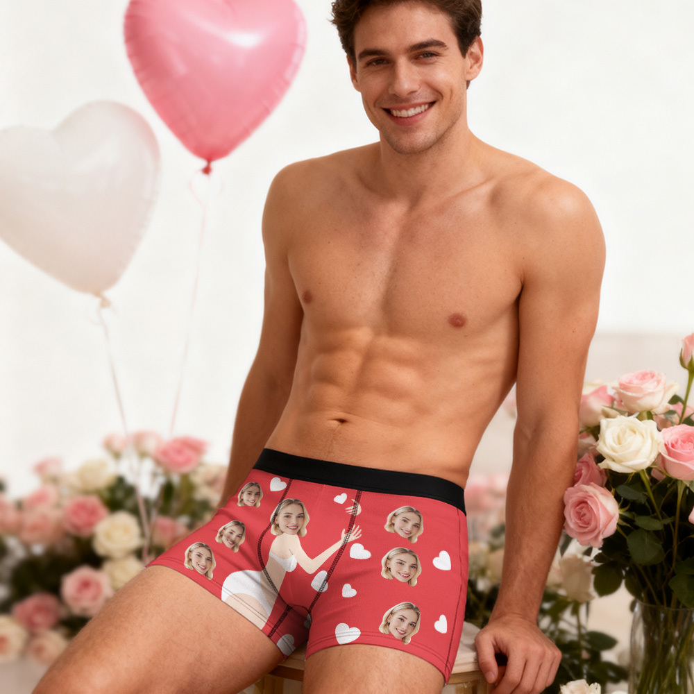 Personalized Face Boxer Briefs, Custom Photo Underwear, Heart Lover Men's Boxer, Anniversary Gift for Him, Valentine's Day Gift