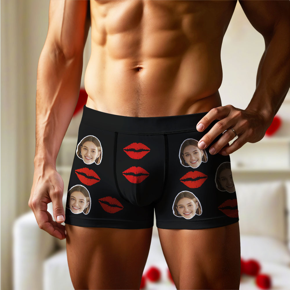 Customized Face Photo Portrait Men's Boxer Briefs with Lip Print Pattern, Boxer Briefs for Boyfriend Valentine's Day Gift
