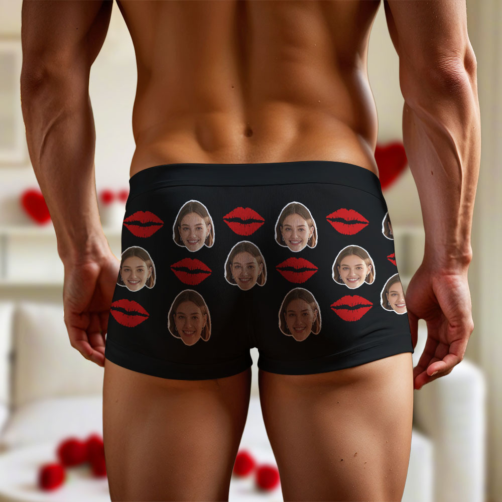 Customized Face Photo Portrait Men's Boxer Briefs with Lip Print Pattern, Boxer Briefs for Boyfriend Valentine's Day Gift