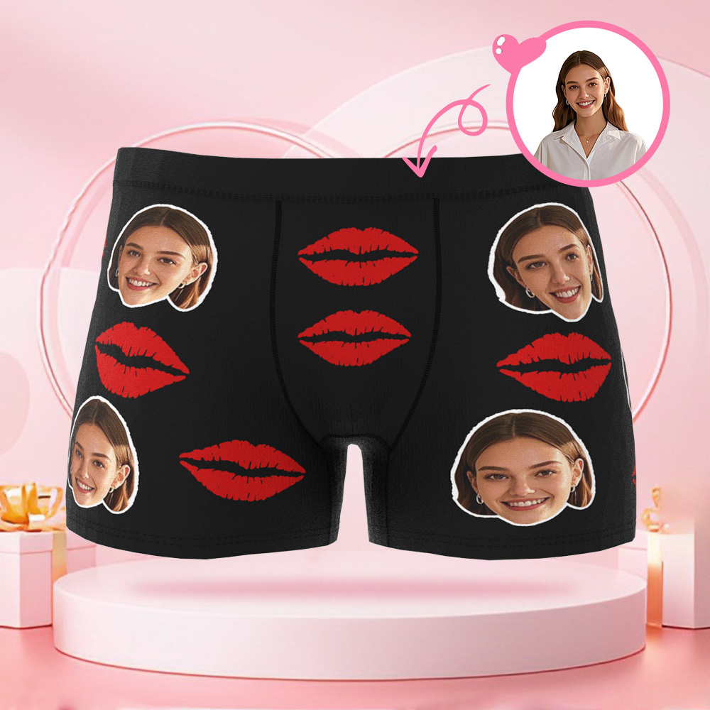 Customized Face Photo Portrait Men's Boxer Briefs with Lip Print Pattern, Boxer Briefs for Boyfriend Valentine's Day Gift