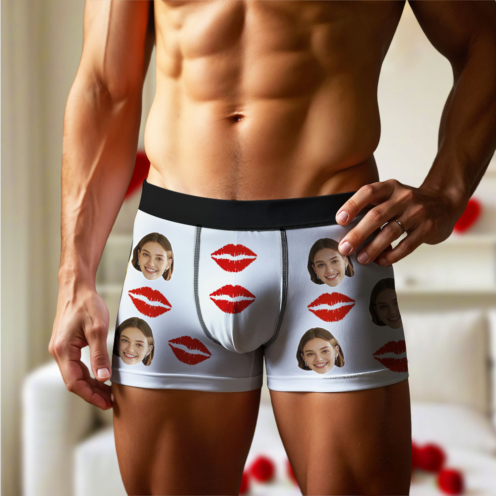 Customized Face Photo Portrait Men's Boxer Briefs with Lip Print Pattern, Boxer Briefs for Boyfriend Valentine's Day Gift
