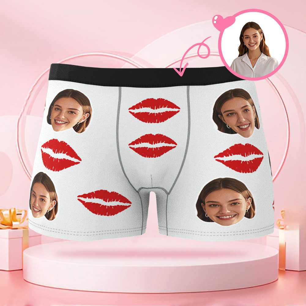 Customized Face Photo Portrait Men's Boxer Briefs with Lip Print Pattern, Boxer Briefs for Boyfriend Valentine's Day Gift