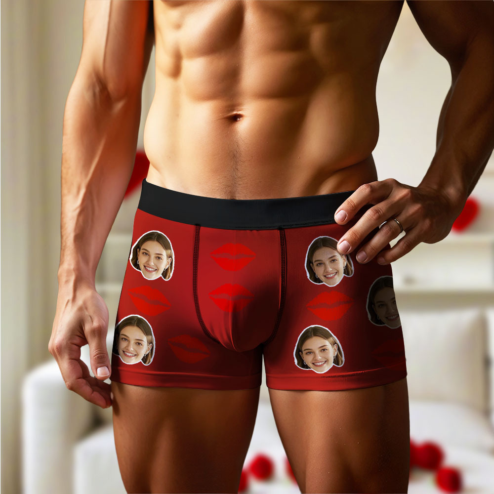 Customized Face Photo Portrait Men's Boxer Briefs with Lip Print Pattern, Boxer Briefs for Boyfriend Valentine's Day Gift