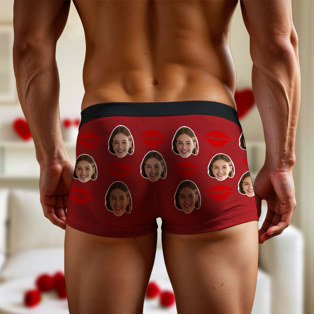 Customized Face Photo Portrait Men's Boxer Briefs with Lip Print Pattern, Boxer Briefs for Boyfriend Valentine's Day Gift