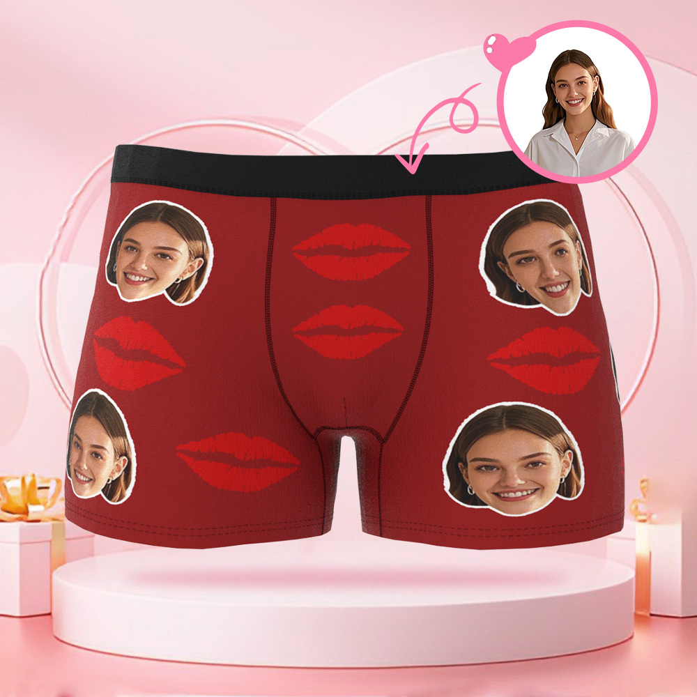 Customized Face Photo Portrait Men's Boxer Briefs with Lip Print Pattern, Boxer Briefs for Boyfriend Valentine's Day Gift