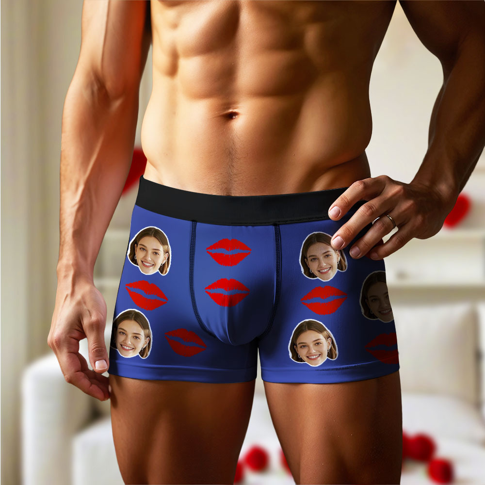 Customized Face Photo Portrait Men's Boxer Briefs with Lip Print Pattern, Boxer Briefs for Boyfriend Valentine's Day Gift