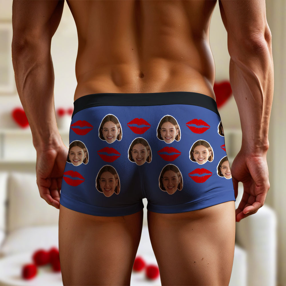 Customized Face Photo Portrait Men's Boxer Briefs with Lip Print Pattern, Boxer Briefs for Boyfriend Valentine's Day Gift