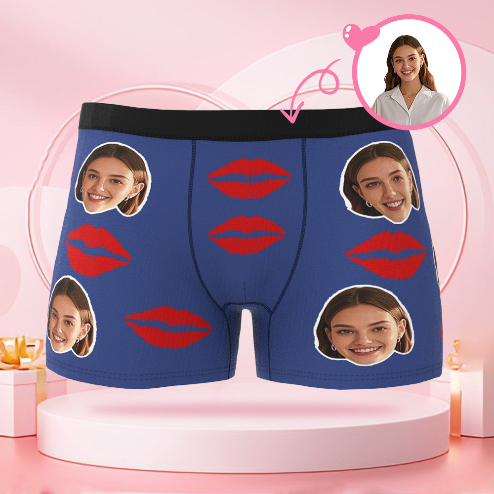 Customized Face Photo Portrait Men's Boxer Briefs with Lip Print Pattern, Boxer Briefs for Boyfriend Valentine's Day Gift