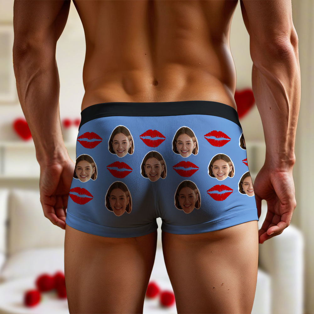 Customized Face Photo Portrait Men's Boxer Briefs with Lip Print Pattern, Boxer Briefs for Boyfriend Valentine's Day Gift