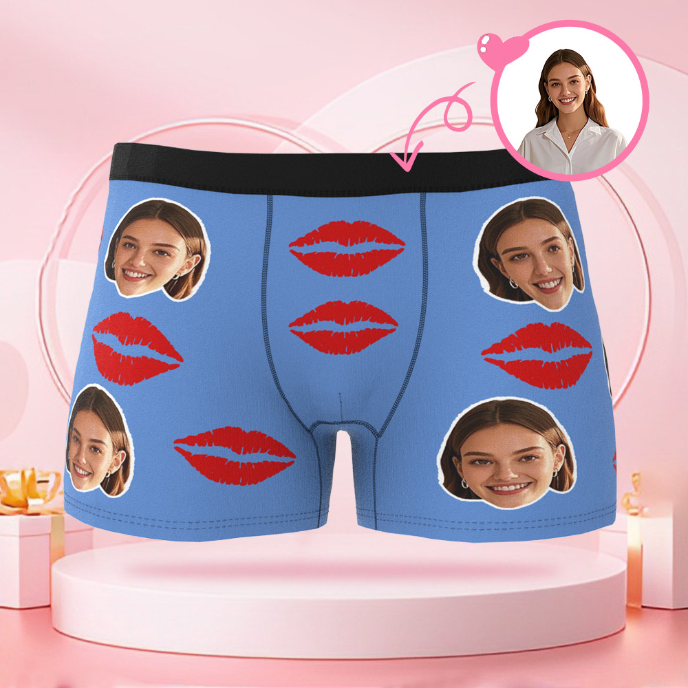 Customized Face Photo Portrait Men's Boxer Briefs with Lip Print Pattern, Boxer Briefs for Boyfriend Valentine's Day Gift