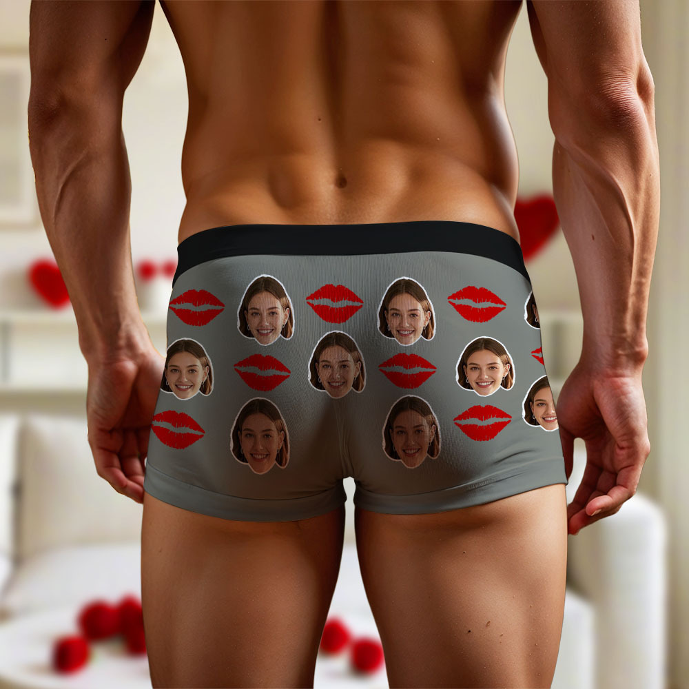 Customized Face Photo Portrait Men's Boxer Briefs with Lip Print Pattern, Boxer Briefs for Boyfriend Valentine's Day Gift