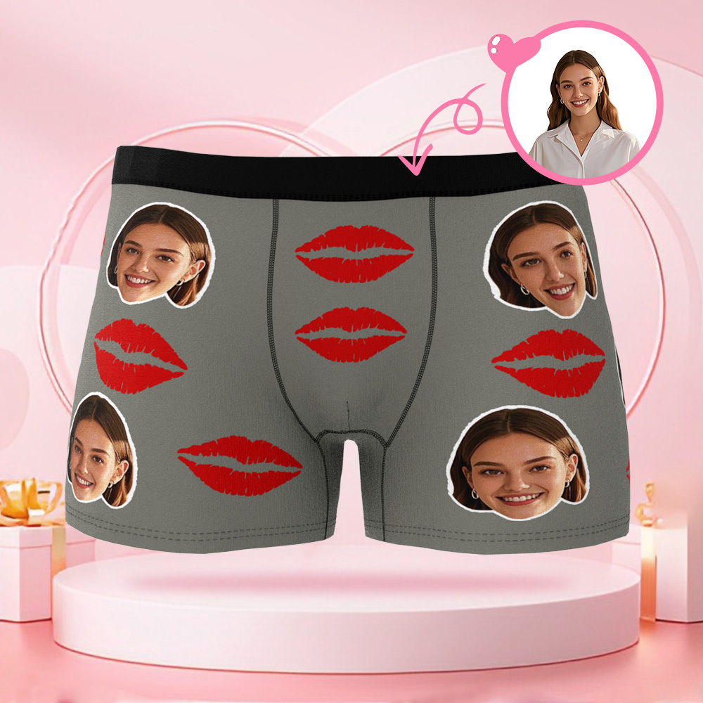 Customized Face Photo Portrait Men's Boxer Briefs with Lip Print Pattern, Boxer Briefs for Boyfriend Valentine's Day Gift