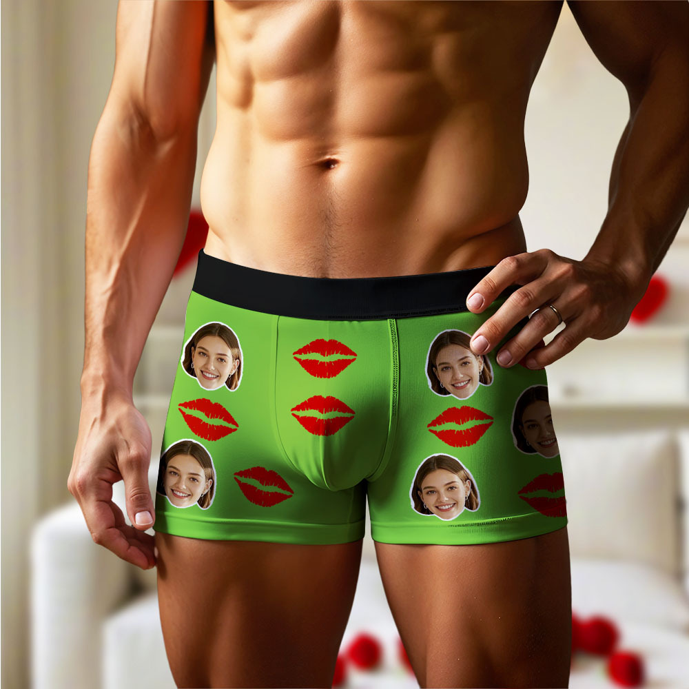 Customized Face Photo Portrait Men's Boxer Briefs with Lip Print Pattern, Boxer Briefs for Boyfriend Valentine's Day Gift