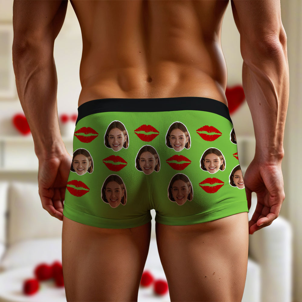 Customized Face Photo Portrait Men's Boxer Briefs with Lip Print Pattern, Boxer Briefs for Boyfriend Valentine's Day Gift