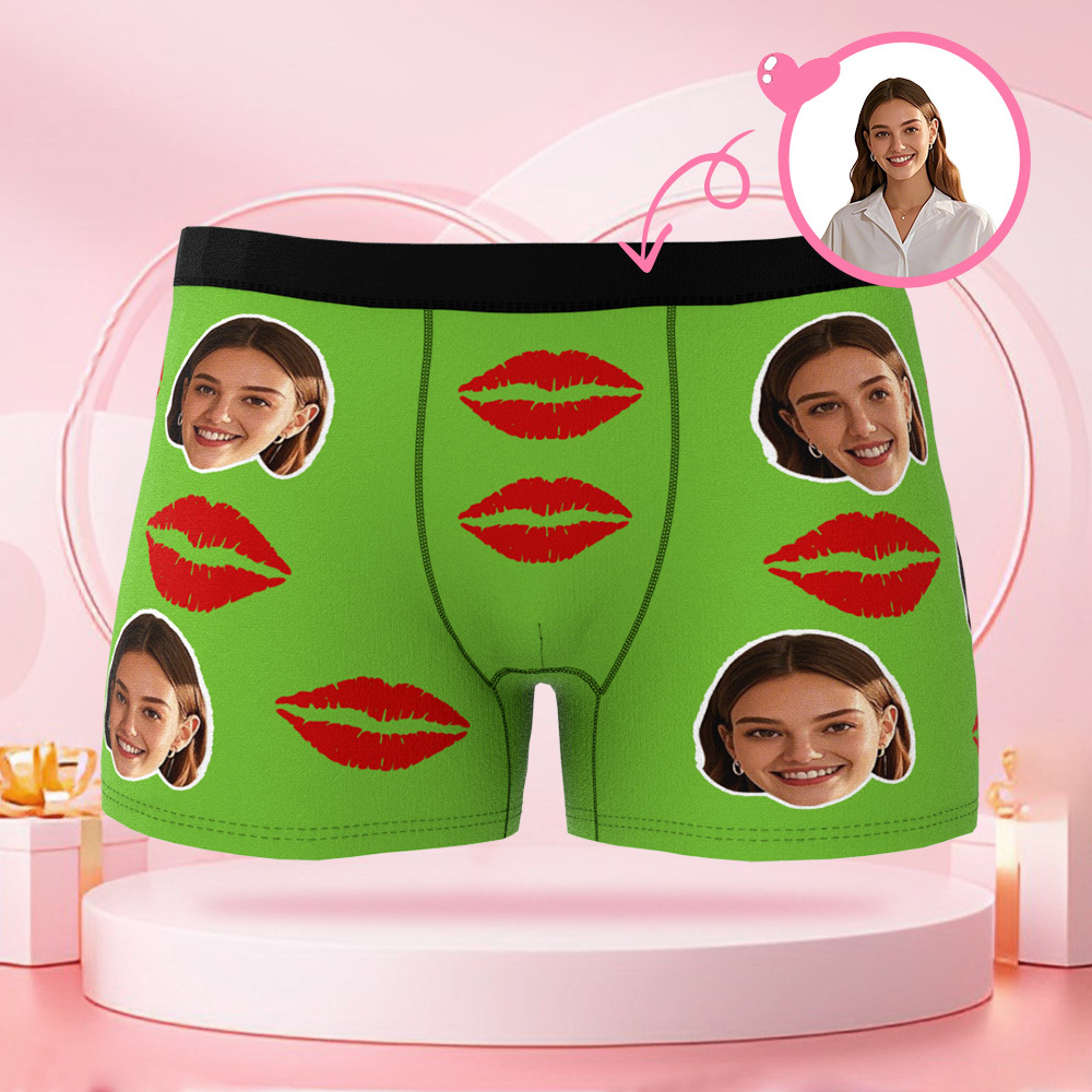 Customized Face Photo Portrait Men's Boxer Briefs with Lip Print Pattern, Boxer Briefs for Boyfriend Valentine's Day Gift