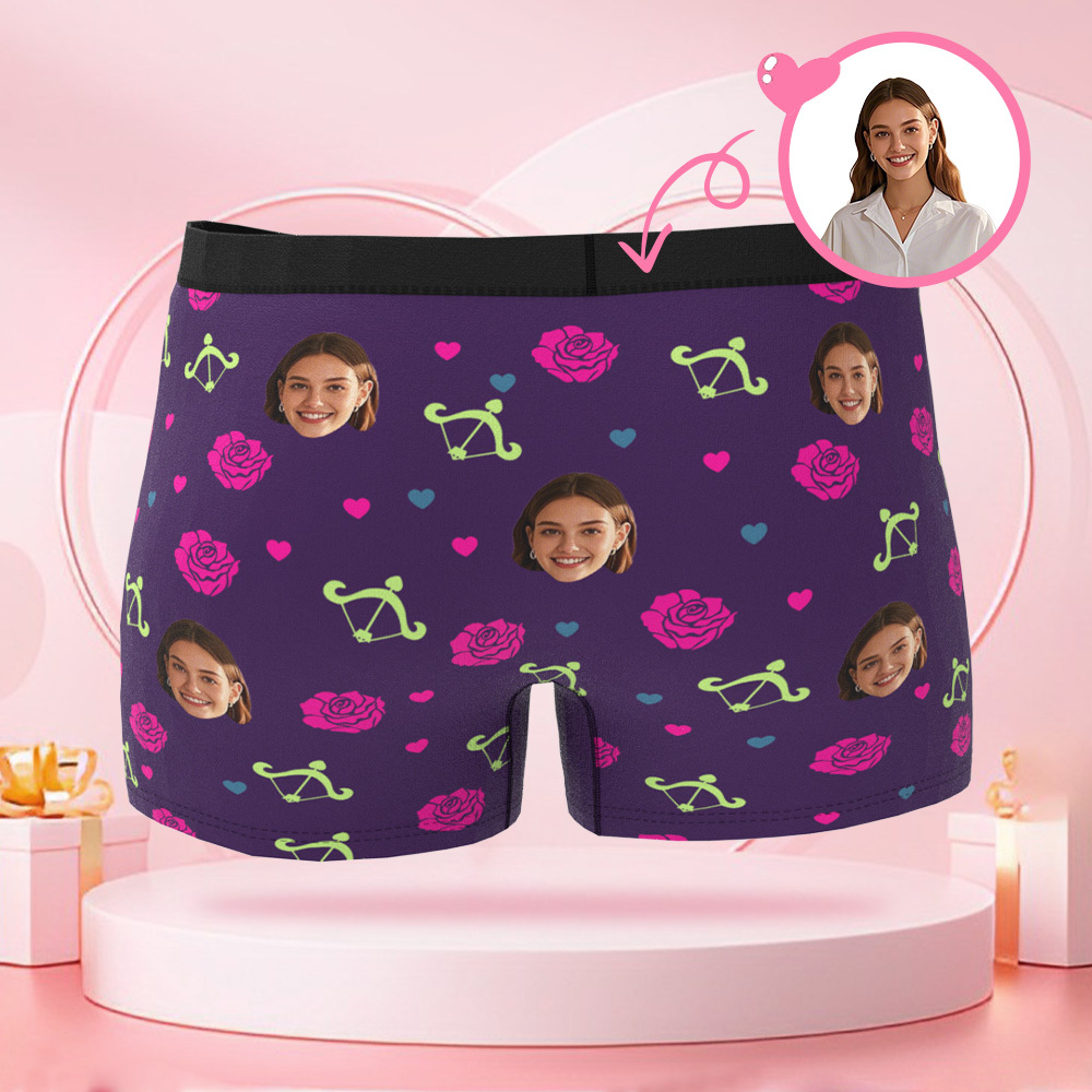 Customized Photo Roses and Cupid's Arrow Men's Boxer Briefs, Customized Face, Surprise Gift for Boyfriend on Valentine's Day