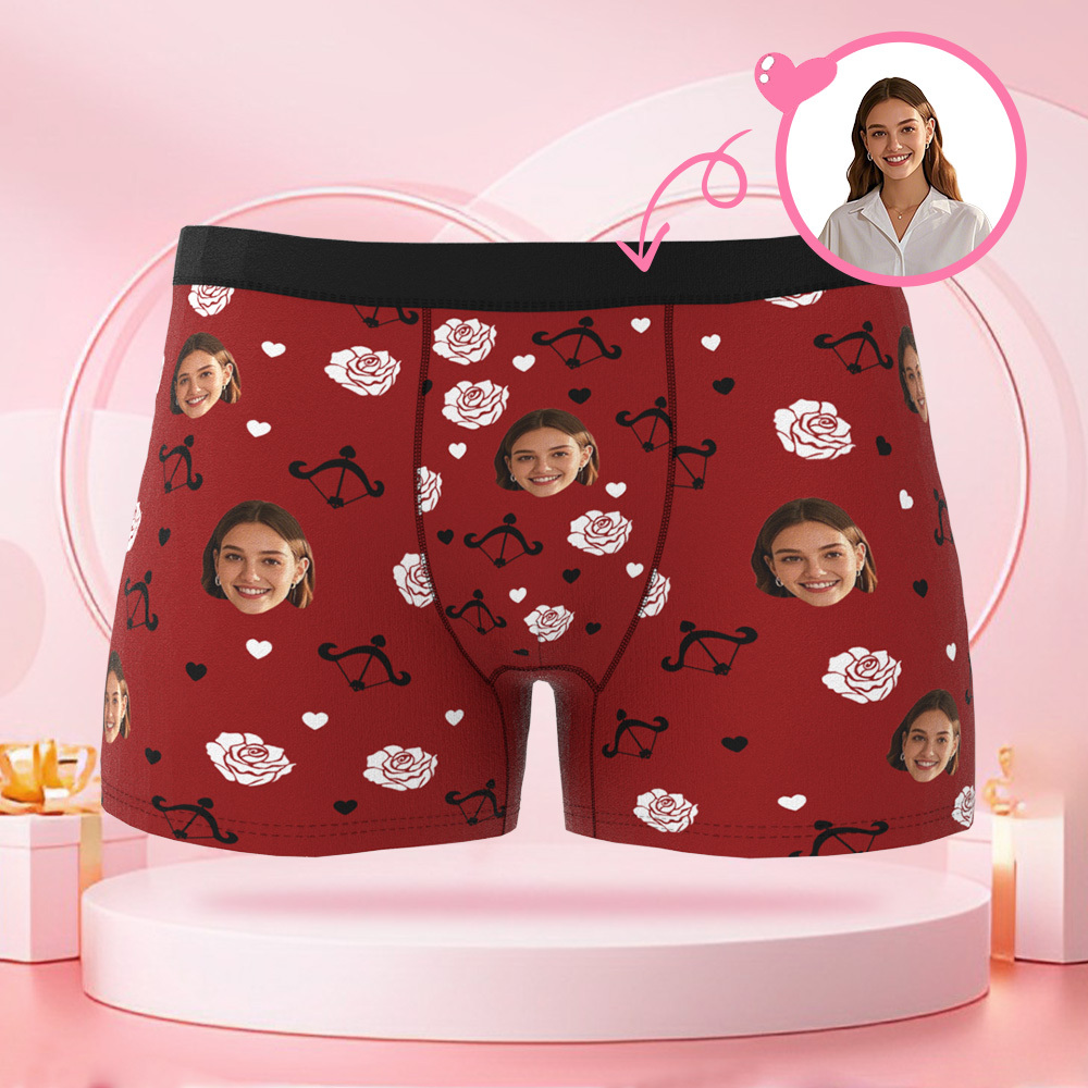 Customized Photo Roses and Cupid's Arrow Men's Boxer Briefs, Customized Face, Surprise Gift for Boyfriend on Valentine's Day