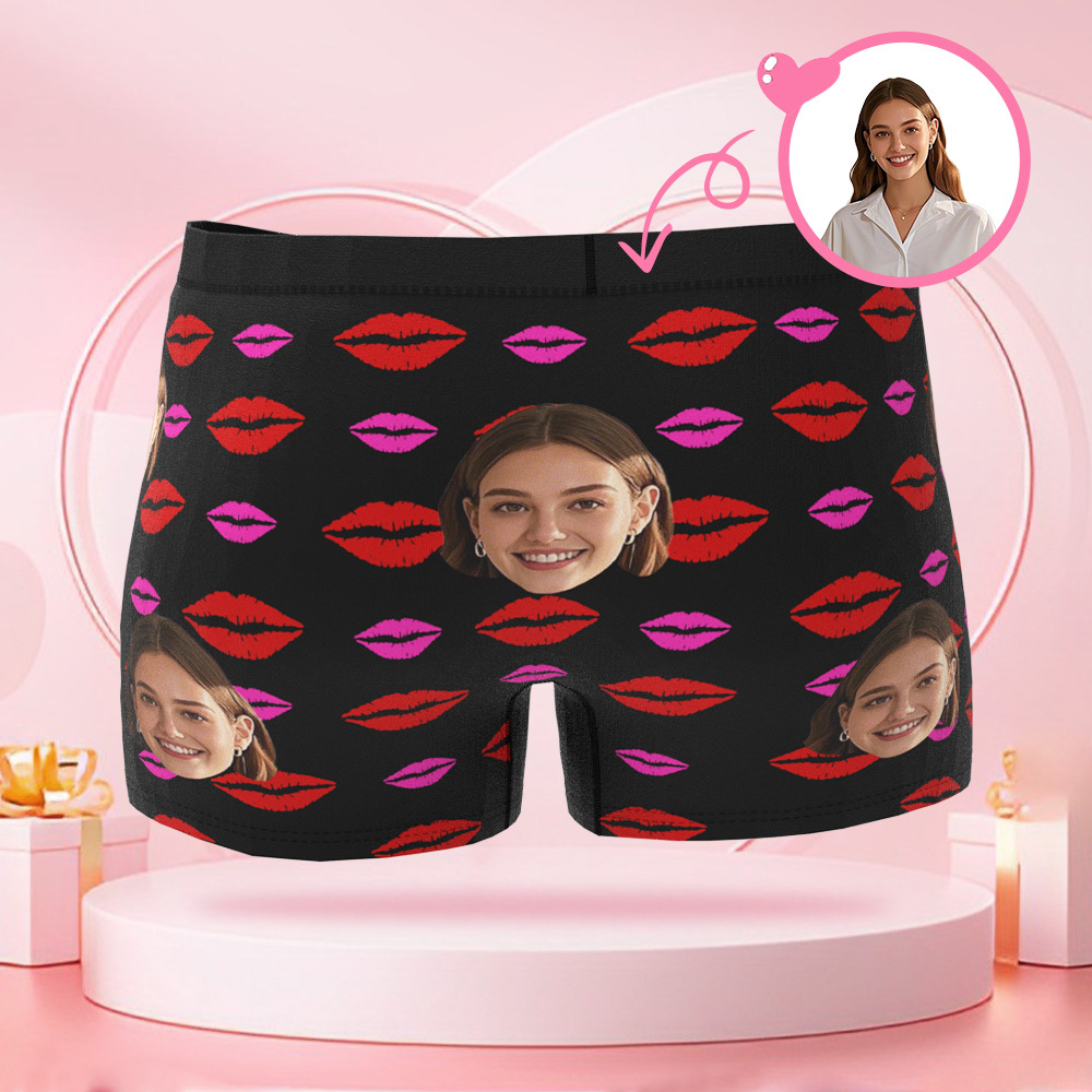Customized Face Photo Avatar Men's Boxer Briefs with Lip Print Pattern, Unique Boxer, Valentine's Day Gift for Boyfriend