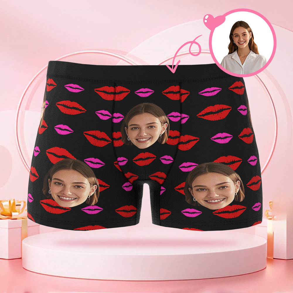 Customized Face Photo Avatar Men's Boxer Briefs with Lip Print Pattern, Unique Boxer, Valentine's Day Gift for Boyfriend