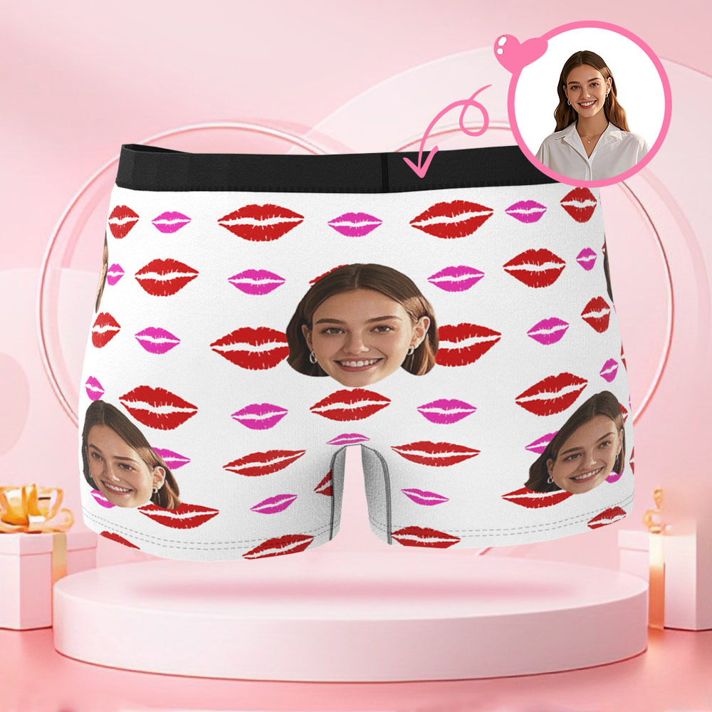 Customized Face Photo Avatar Men's Boxer Briefs with Lip Print Pattern, Unique Boxer, Valentine's Day Gift for Boyfriend