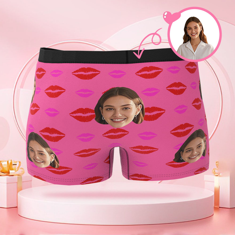 Customized Face Photo Avatar Men's Boxer Briefs with Lip Print Pattern, Unique Boxer, Valentine's Day Gift for Boyfriend