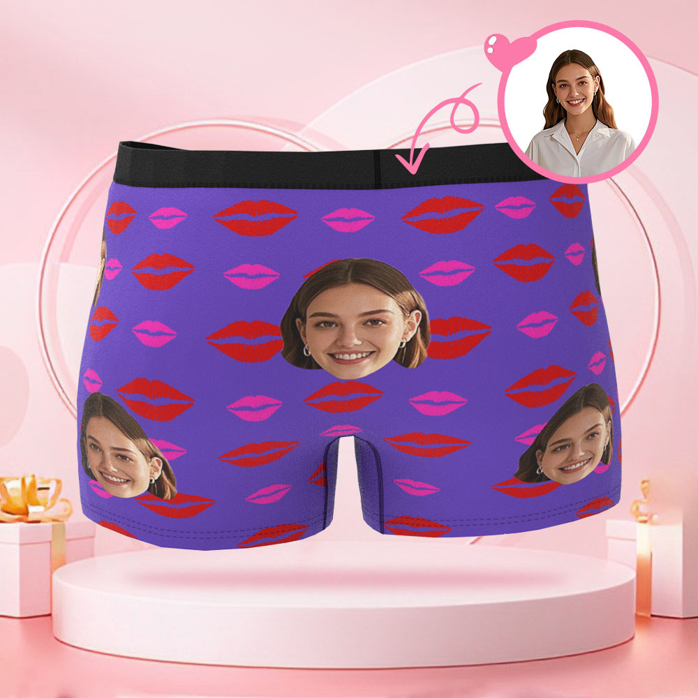 Customized Face Photo Avatar Men's Boxer Briefs with Lip Print Pattern, Unique Boxer, Valentine's Day Gift for Boyfriend