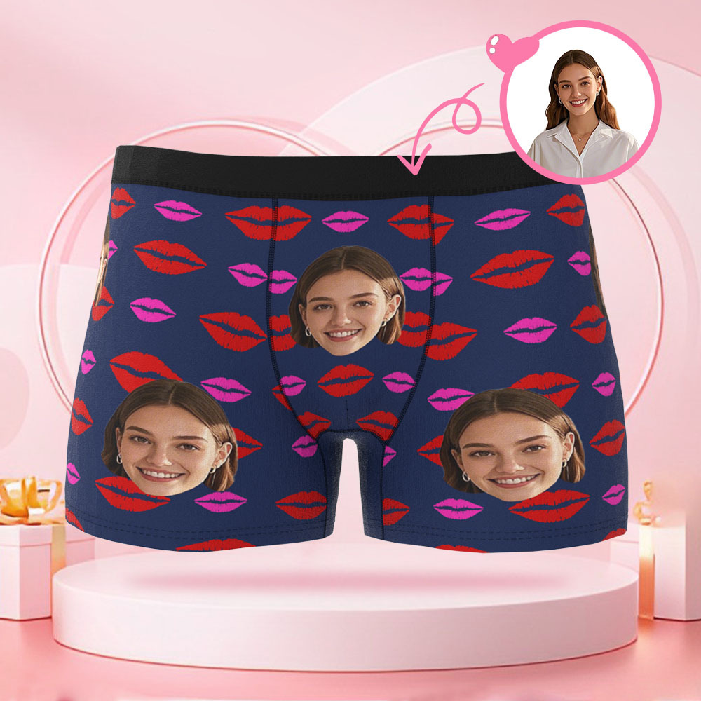 Customized Face Photo Avatar Men's Boxer Briefs with Lip Print Pattern, Unique Boxer, Valentine's Day Gift for Boyfriend