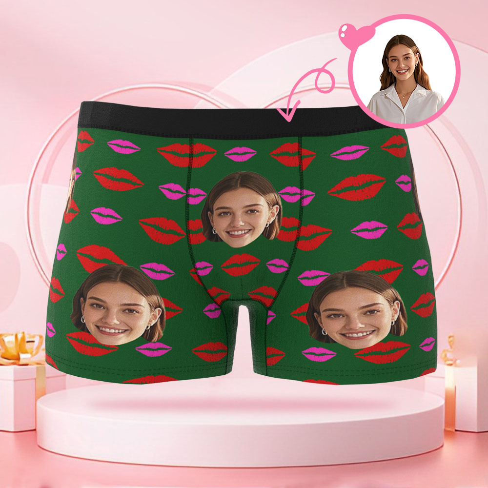 Customized Face Photo Avatar Men's Boxer Briefs with Lip Print Pattern, Unique Boxer, Valentine's Day Gift for Boyfriend
