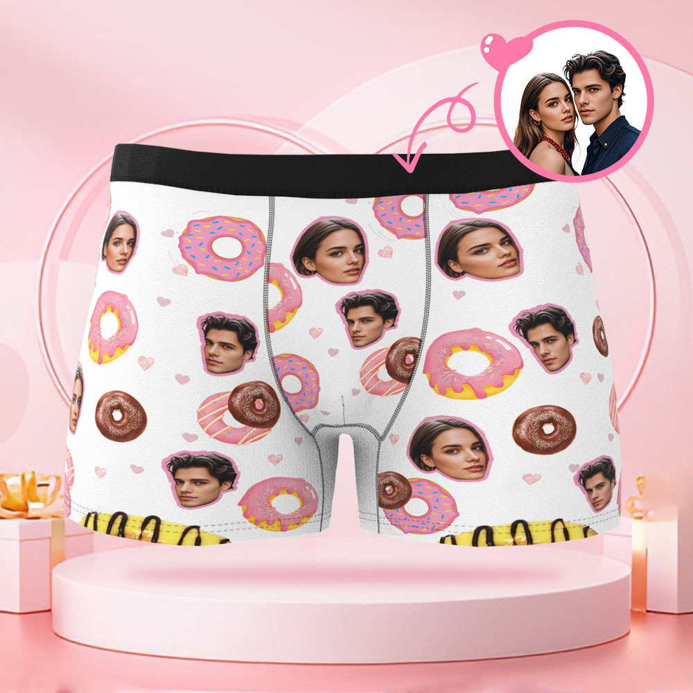 Custom Valentine's Day Donut Boys Shorts Custom Face Valentine's Day Gift for Boyfriend
