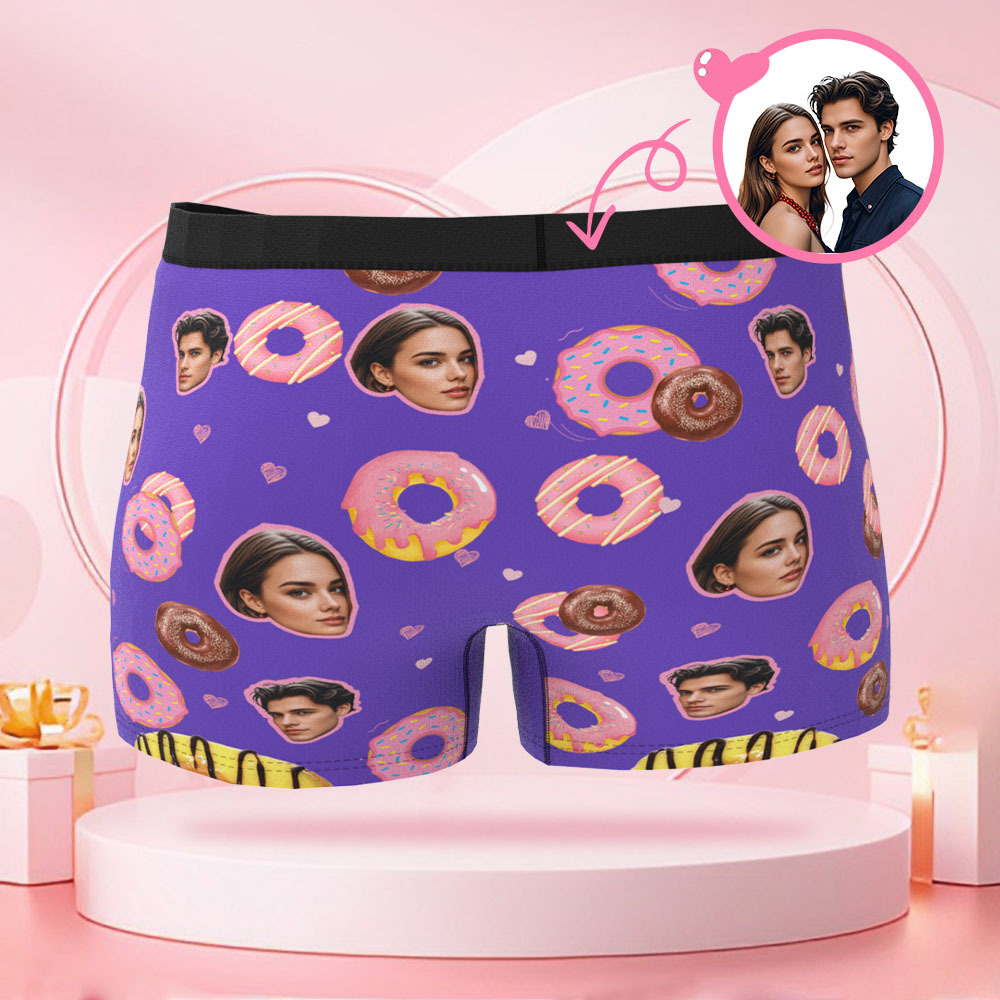 Custom Valentine's Day Donut Boys Shorts Custom Face Valentine's Day Gift for Boyfriend