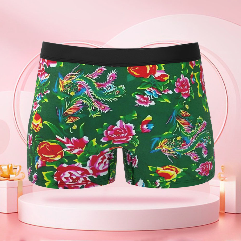 Custom Human Face Flower Dragon and Phoenix Boxer with Customized Face, Surprise Gift for Boyfriend on Valentine's Day