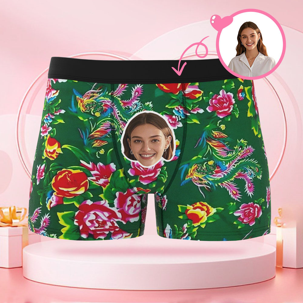 Custom Human Face Flower Dragon and Phoenix Boxer with Customized Face, Surprise Gift for Boyfriend on Valentine's Day