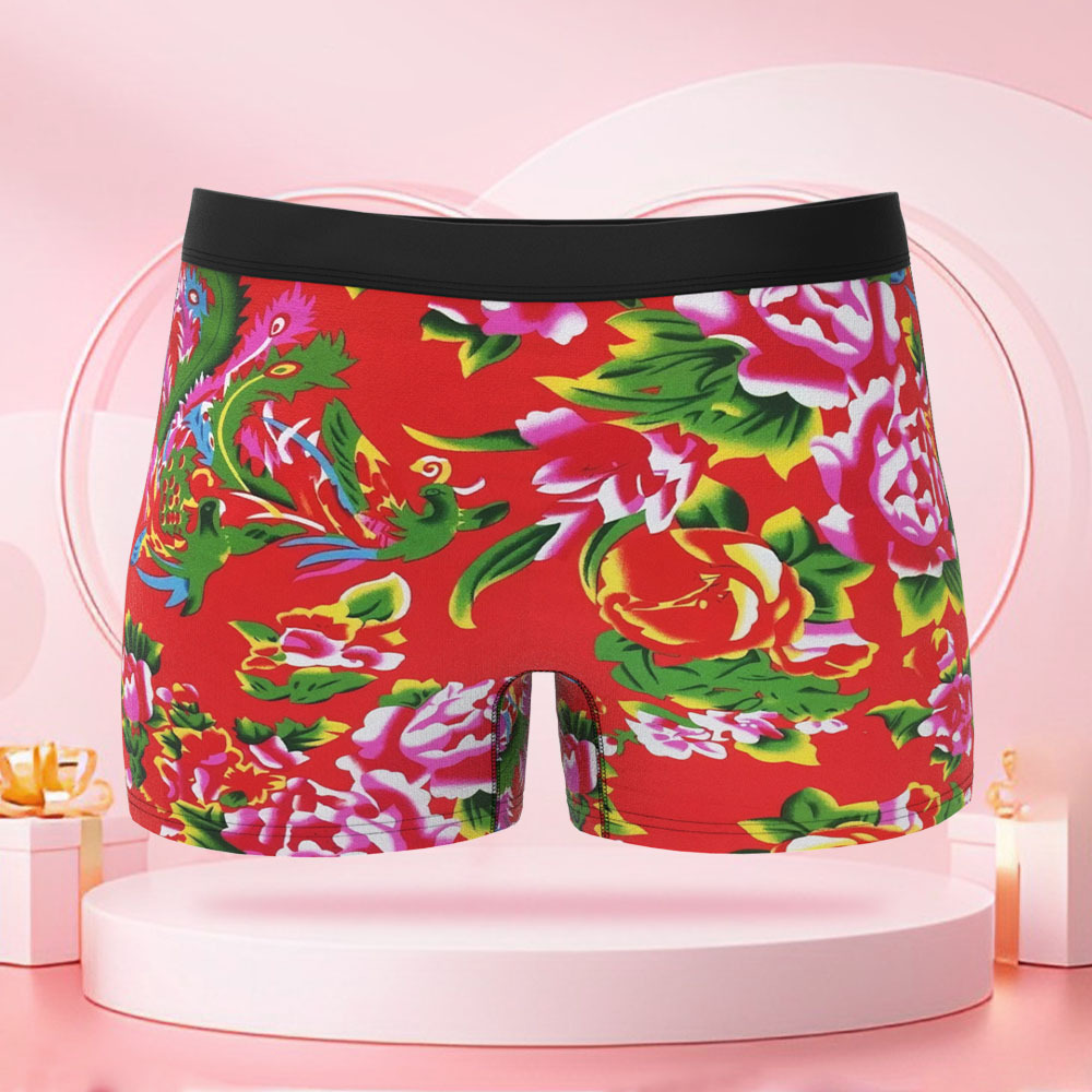 Custom Human Face Flower Dragon and Phoenix Boxer with Customized Face, Surprise Gift for Boyfriend on Valentine's Day