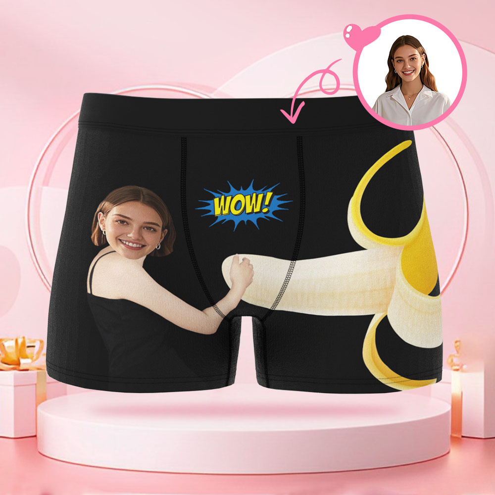 Customized Men's Boxer Briefs with a Picture of a Woman Holding a Banana, Customized Face, Surprise Gift for Boyfriend on Valentine's Day