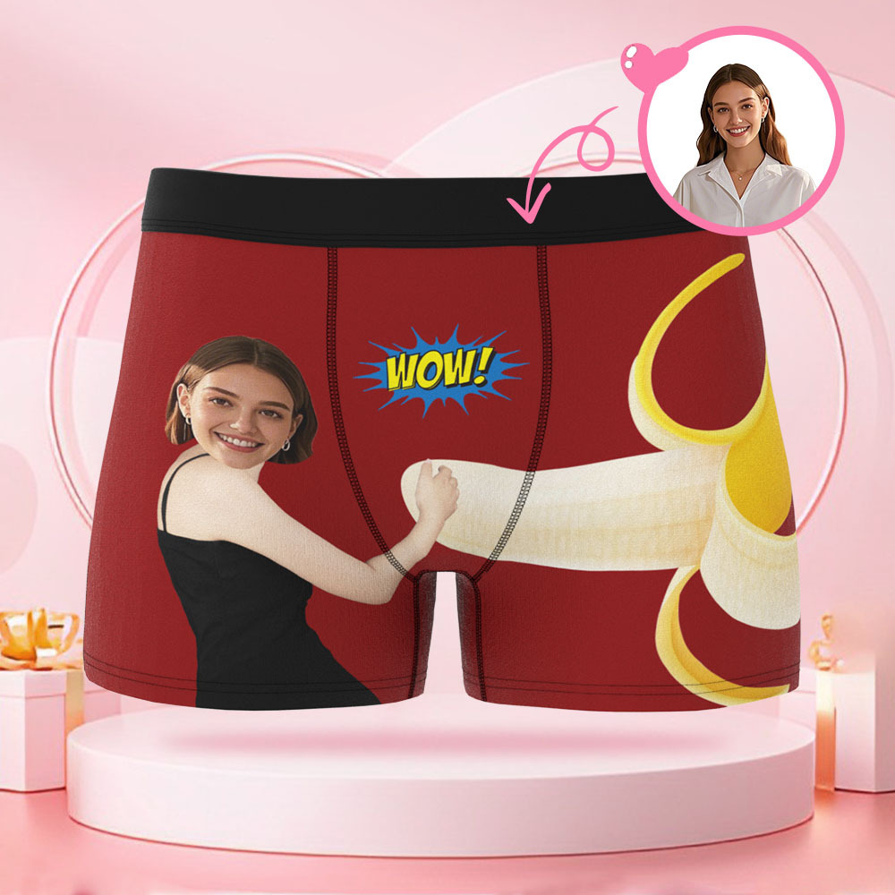 Customized Men's Boxer Briefs with a Picture of a Woman Holding a Banana, Customized Face, Surprise Gift for Boyfriend on Valentine's Day