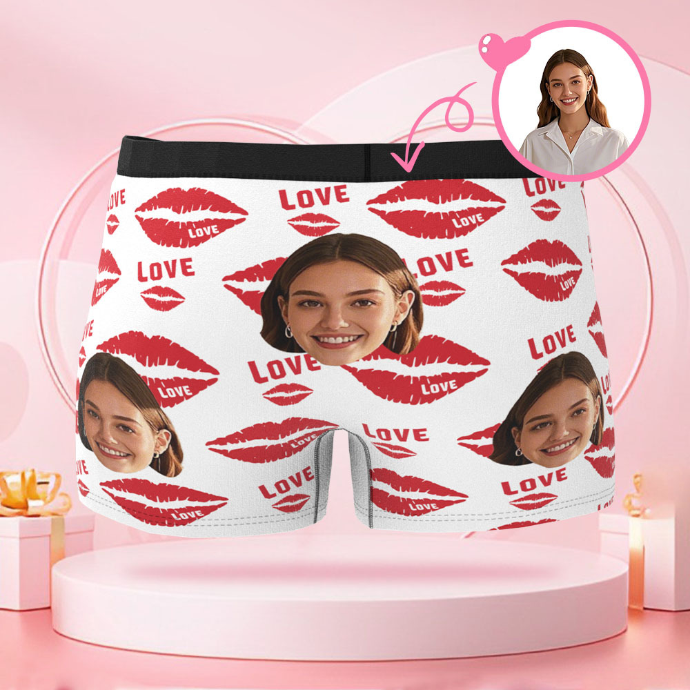 Customized Face Photo Portrait Men's Boxer Briefs, with Lipstick Lip Print Kiss Mark Briefs Gift, Valentine's Day Gift for Boyfriend