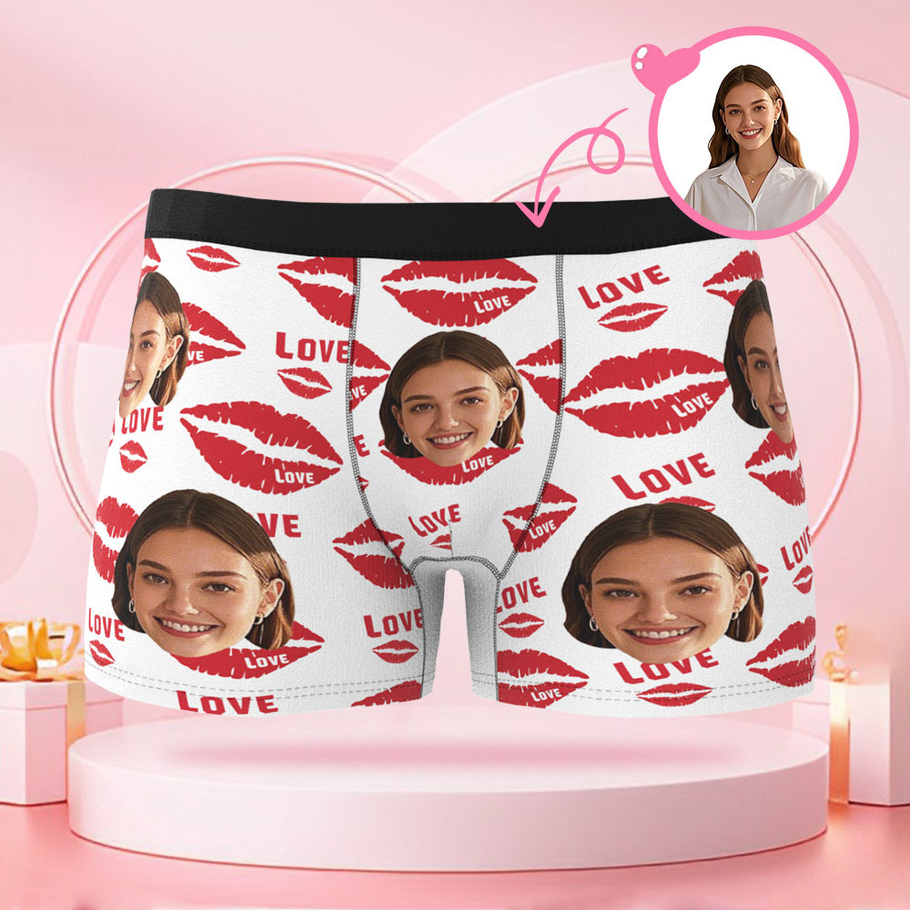 Customized Face Photo Portrait Men's Boxer Briefs, with Lipstick Lip Print Kiss Mark Briefs Gift, Valentine's Day Gift for Boyfriend