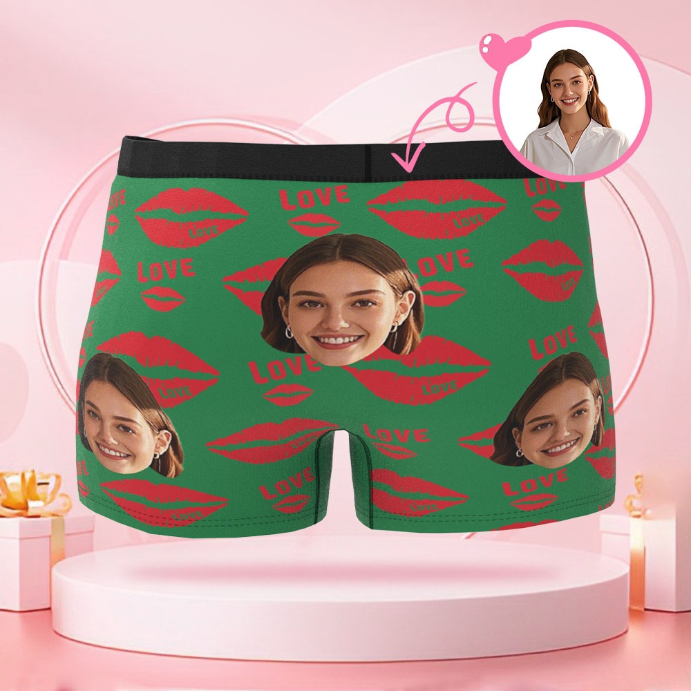 Customized Face Photo Portrait Men's Boxer Briefs, with Lipstick Lip Print Kiss Mark Briefs Gift, Valentine's Day Gift for Boyfriend