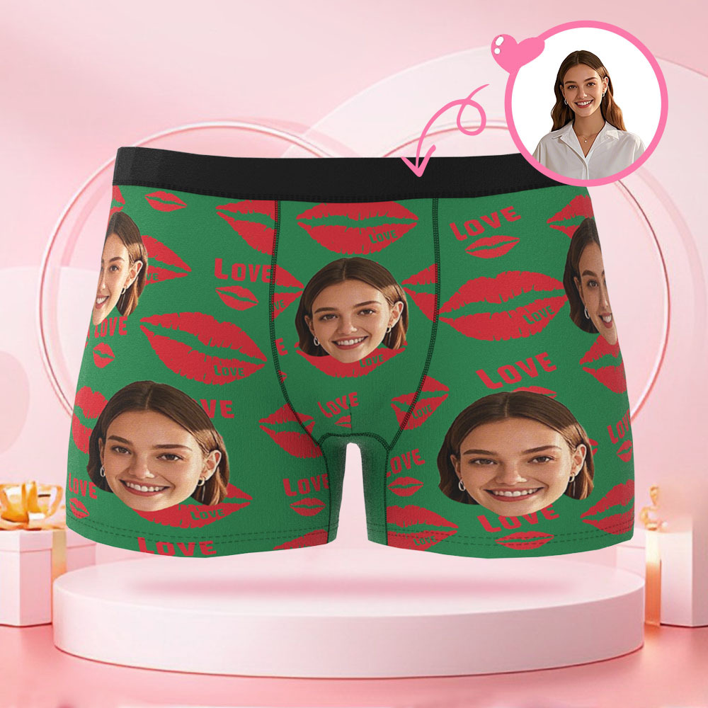 Customized Face Photo Portrait Men's Boxer Briefs, with Lipstick Lip Print Kiss Mark Briefs Gift, Valentine's Day Gift for Boyfriend