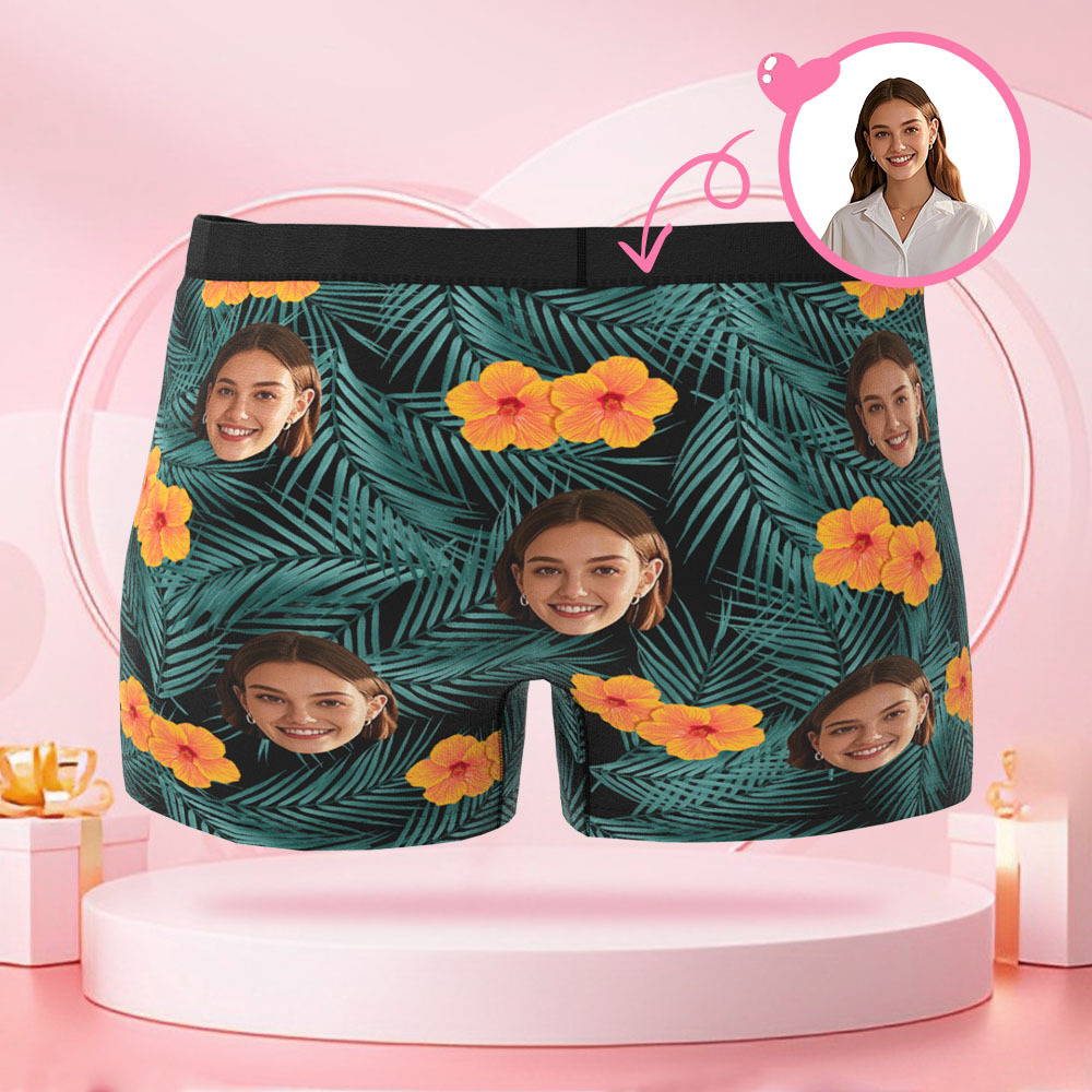 Customized Human Face Men's Boxer Briefs, Surprise Gift for Boyfriend on Valentine's Day with Flowers and Leaves