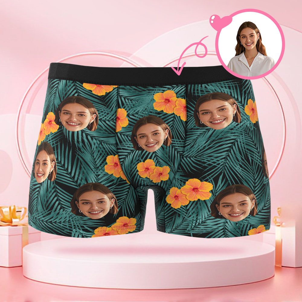Customized Human Face Men's Boxer Briefs, Surprise Gift for Boyfriend on Valentine's Day with Flowers and Leaves