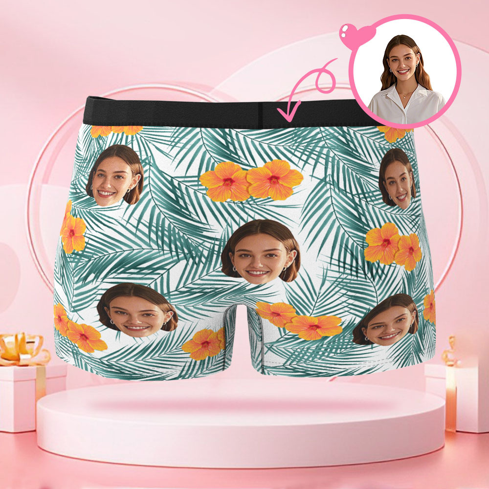 Customized Human Face Men's Boxer Briefs, Surprise Gift for Boyfriend on Valentine's Day with Flowers and Leaves